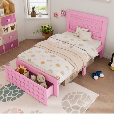 Lit enfant en bois rose 90x190 cm avec tiroir de rangement et sommier à lattes inclus (1/5)