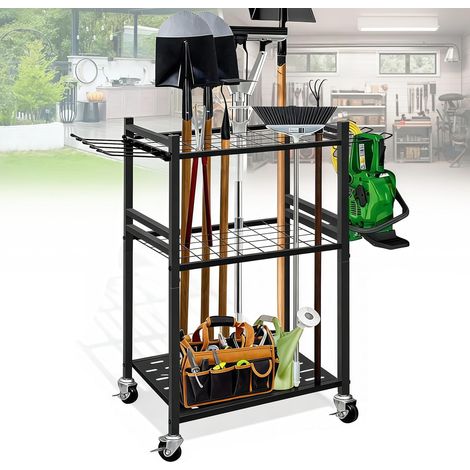 Range Outils de Jardin, Chariot de Jardin en Acier au Carbone avec Roue Universelle Support Range Outils de Jardin avec 6 Crochets Latéraux Longs et 3 Crochets de Rangement pour Garages et Jardins (1/5)