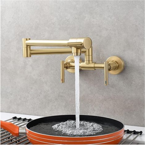 Robinet de remplissage de pot Robinet de remplissage de pot en laiton 2 trous muraux de cuisine pliante robinet de cuisine chaude et froide robinet 3 poignées Robinet pliant ( Color : Brushed Gold , S (1/5)
