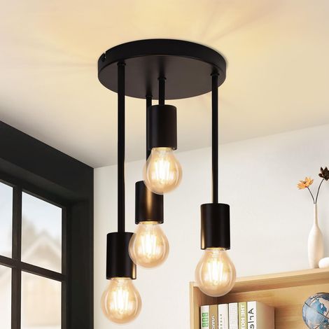 Plafonnier Vintage Noir - 4 Flammes E27 Lampe de cuisine Rétro Métal Suspendu Plafonnier Industriel pour cuisine couloir chambre salon bar (sans ampoules) (1/5)