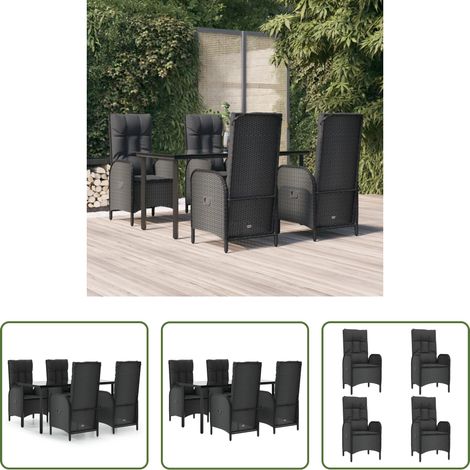 Gartenessgruppe - 5-tlg. Garten-Essgruppe mit Kissen Schwarz Poly Rattan (1/5)