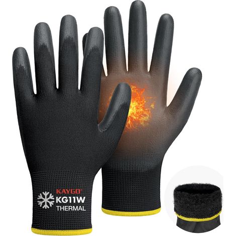 gants de travail pu enduit d'hiver - 12 paires, doublure en laine chaude, bonne adhérence, KG11W, pour hommes femmes, pour le travail par temps froid entrepôt congélateur (Noir, L, taille 9) (1/5)