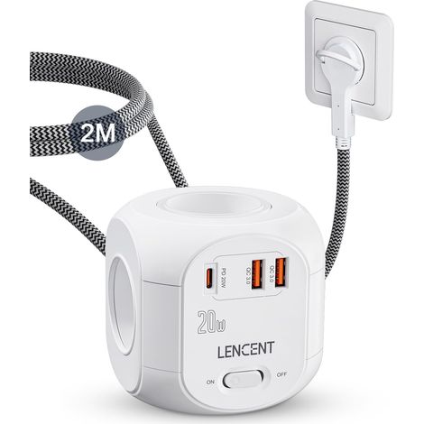 Cube rallonge multiprise Fiche Plate PD 20W 2M 4 Prises AC, 3 USB (1/5)