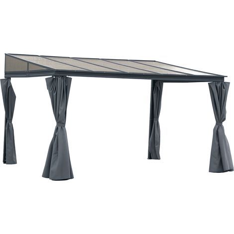 Outsunny 4 x 3(m) Outdoor Hardtop Gazebo with Curtains, Lean to Aluminium Pergola with Polycarbonate Roof, Garden Pavilion Sun Shade Shelter, Grey