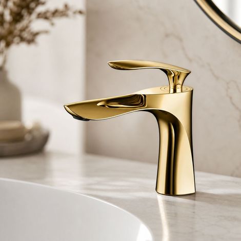 Robinet lavabo mitigeur salle de bain, laiton massif finition or titane, design feuille d'érable, hauteur 180mm, cartouche céramique (1/5)
