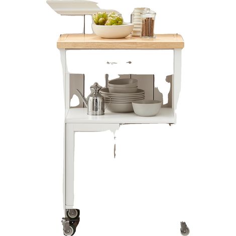 Chariot de service, plateau en acier inoxydable, cadre en bois, BLANC (1/2)