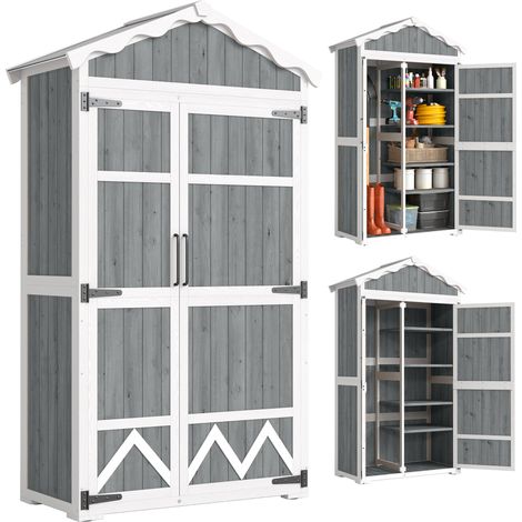 Outsunny caseta de jardín de madera 105x55x179 cm impermeable armario exterior herramientas con 4 estantes extraíbles techo metal galvanizado gris