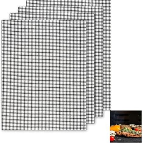 Ensemble de 4 tapis de cuisson pour barbecue, 40 x 30 cm, grille antiadhésive noire,réutilisable, compatible avec les barbecues à gaz, à charbon, électriques et les friteuses à air chaud