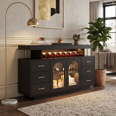 Creahappy Enfilade Buffet Bar avec LED 140x40x82 cm - Grand Rangement & Gain de Place - Style Contemporain Noir et Doré (1/5)
