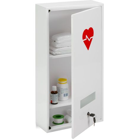 Relaxdays Medicine Cabinet, Lockable, 3 Compartments, Steel, HxWxD: 60 x 30 x 12 cm,, Double Door, First Aid, White
