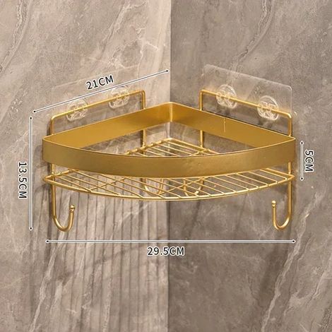 (C.1 avec crochet) Étagère de rangement murale trépied dorée sans perçage pour salle de bain, porte-shampoing et gel douche, accessoires de salle de bain (1/5)