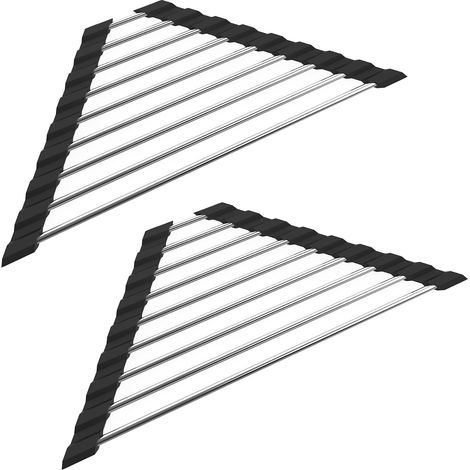 Escurridor de platos plegable y extraíble de acero inoxidable negro para fregadero, 41 cm x 15 cm, escurridor triangular con ruedas, 2 piezas. (1/5)