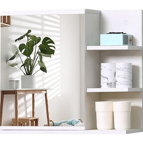 Miroir de salle de bain mural avec porte et 3 étagères latérales en bois, 60 x 18 x 50 cm, blanc