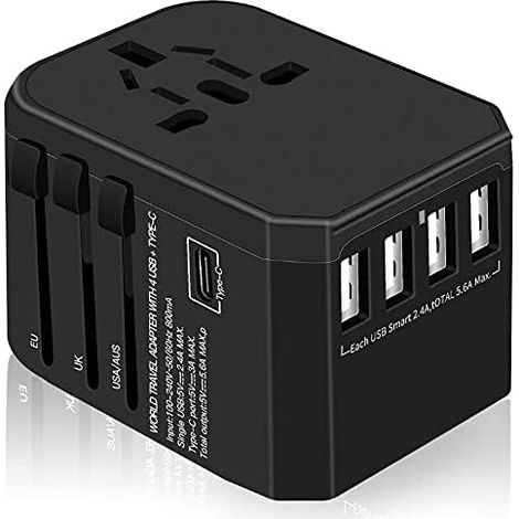 Travel Adapter Universal Adapter with 4 USB Plugs + Type C+ AC Universal International Travel World Adapter for UK USA EU AUS China Australia Thailand Asia 180+ Countries (Black)