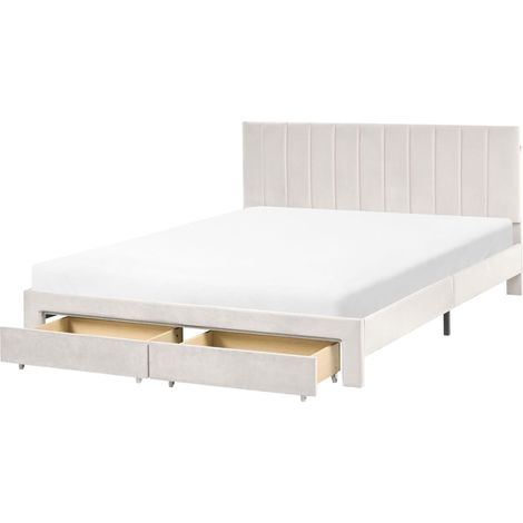 Bed with Storage Drawers Velvet LONZAC 160 x 200 cm (EU King Size) Off-White