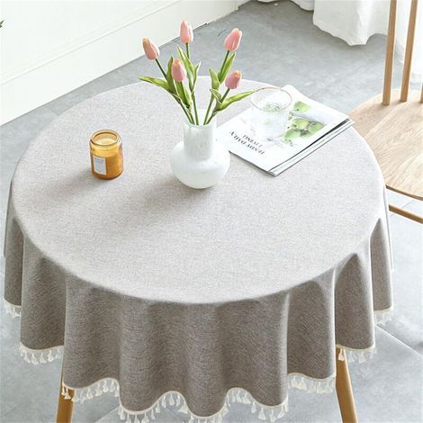 Nappe ronde imperméable avec pompons faits main, idéale pour les cuisines, salles à manger, etc. (1 feuille, grise, 160 cm) (1/5)