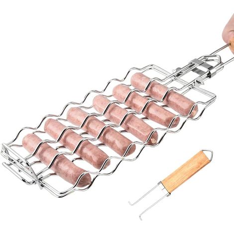 Panier à saucisse en acier inoxydable BBQ - 6 grilles pour hot-dogs avec poignée en bois amovible - Accessoire de barbecue portable (1/5)