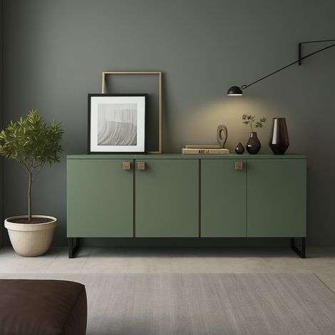 Credenza Carvico, Madia 3 Ripiani, 6 Vani, 3 Ante, 184x40x86h cm Verde (1/4)