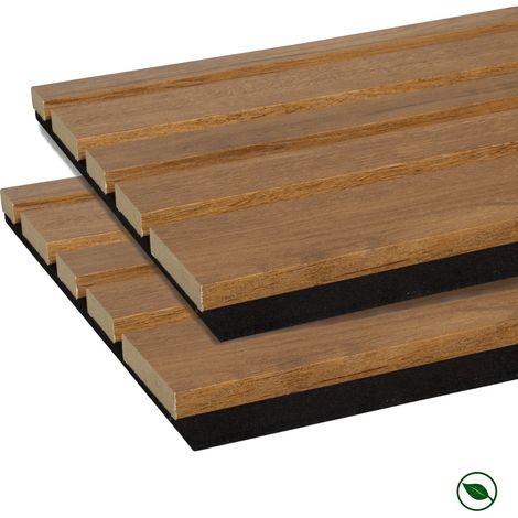 Forestea – Lot de 2 panneaux acoustiques MDF chêne bronze – 2600 x 300 x 17 mm – Habillage mural décoratif – Réduction résonance (1/5)