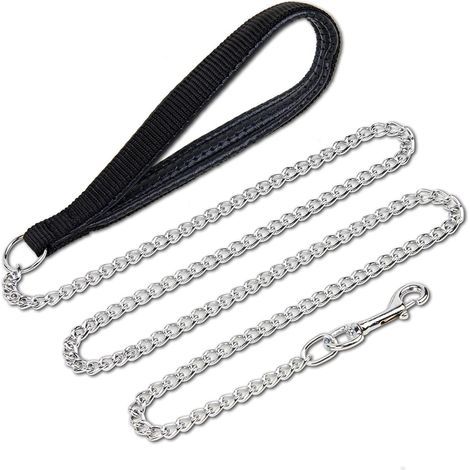 1 - Laisse Chien - Chaîne Acier - Anti Morsure - Poignée PU Cuir - Pour Grand Chien - Argent - 180x0,2cm (1/5)