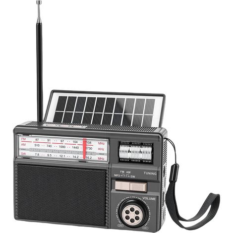 Radio portable AM/FM/SW rétro avec haut-parleur Bluetooth, batterie rechargeable solaire 1200 mAh, lecture de carte mémoire et port USB. (1/5)