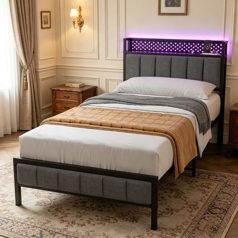 Cama de metal negra 90x200 cm con cabecero de tela, USB y espacio de almacenaje (1/5)