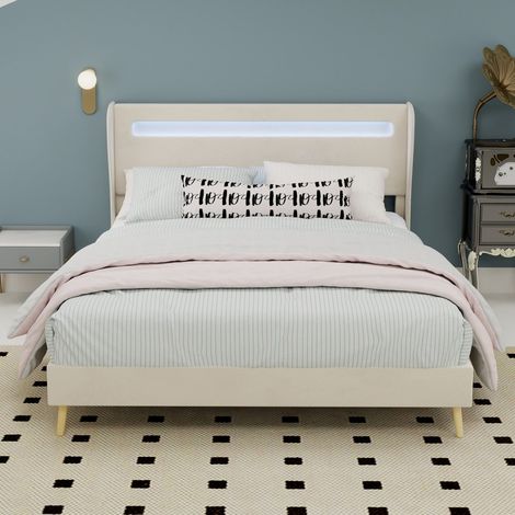 Lit 140x200cm - Lit Double 140x200cm - avec Tête de Lit LED - Éclairage Ambiance & Structure Fixe Moderne - Tissu Beige (1/5)
