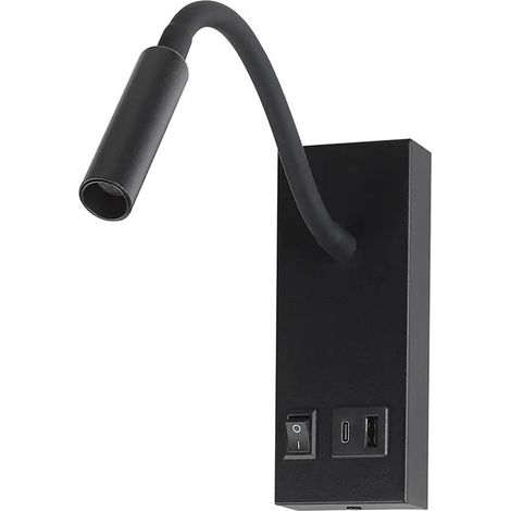 V-TAC Applique da Parete LED Chip CREE 3W con Interruttore e USB/PD Nera 3000K