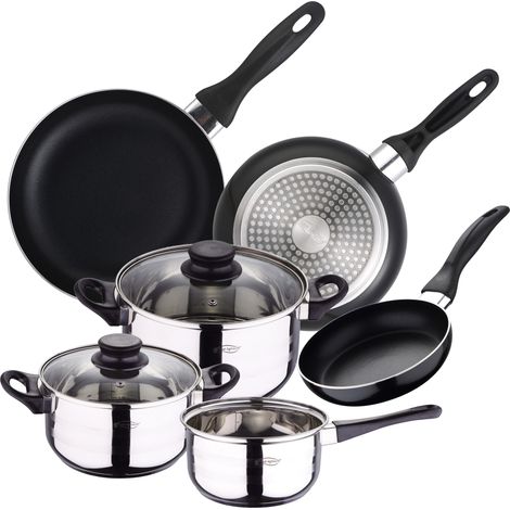 Batería de cocina SIP 5 piezas (cazo + dos ollas con tapa de vidrio) con Set de 3 sartenes Ø16/20/24 cms., inducción (1/5)