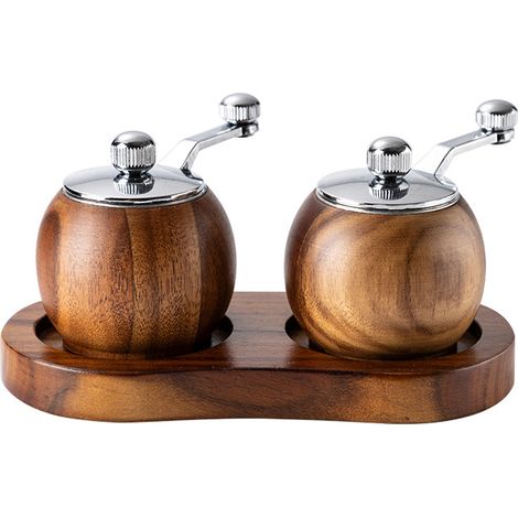 Lot de 2 moulins à poivre manuels en bois, moulins à sel et à poivre à manivelle avec support, épaisseur réglable (1/4)