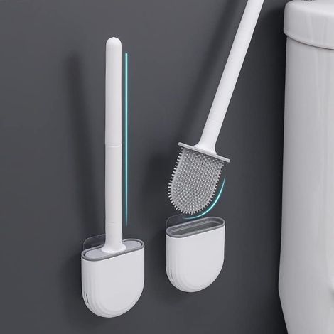 1PCS Brosse WC Silicone et Supports Toilettes Profondeur,Balayette avec Long Manche en Plastique Antidérapant et Poils Flexibles,Brosse Toilette avec Support à Séchage Rapide (1/5)