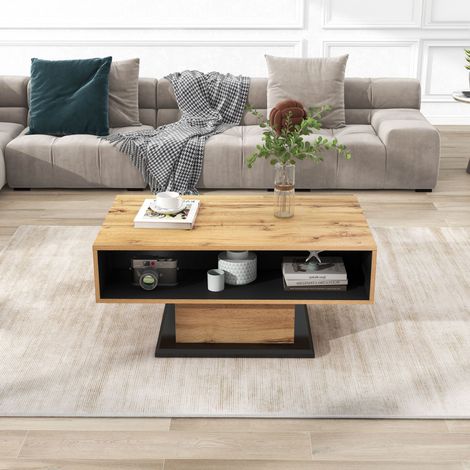 Table basse en bois grainé, avec un tiroir sans poignée, un rangement et un compartiment arrière, espace de stockage double face. Table de salon ou bureau, grand espace de rangement. (1/5)