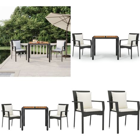 Set da Pranzo da Giardino 3 pz con Cuscini Nero in Polyrattan - Sedie da giardino - Tavolo da giardino