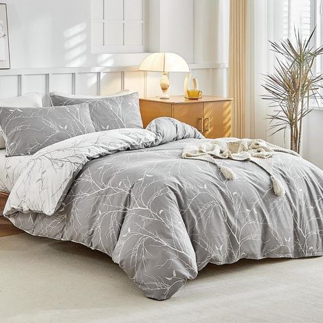 Ensemble de literie 4 pièces King-Size avec drap-housse, microfibre, branches botaniques, gris