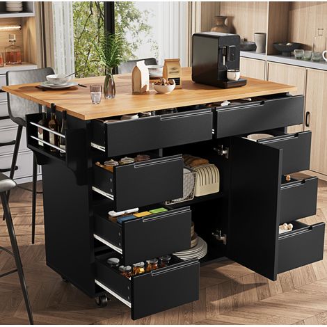 Isla de cocina móvil con ruedas, encimera abatible, 8 cajones, MDF negro DESVIAE (1/5)