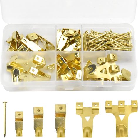 130 Pcs Crochet Mural Metal, Crochet pour Cadre Photo Crochets à Suspendre avec Vis Kit de Suspension de Tableaux, pour Toile, Photos, Horloge, Miroir (Couleur Or) (1/5)
