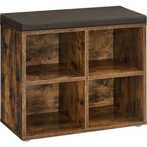 Banc à Chaussures, Organiseur de Chaussures avec 4 Compartiments et 2 Étagères Réglables, Siège Rembourré, pour Entrée, Couloir, Placard, Marron Rustique (1/5)