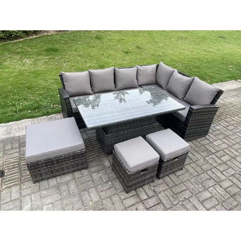 Fimous 9 places Salon de Jardin Extérieur en Résine avec 3 Tabourets Gris foncé mixte Right Het (1/4)
