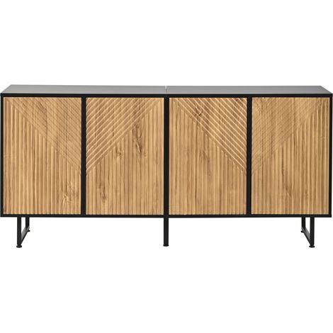 Buffet de salon 4 portes, bois naturel et noir, 8 compartiments, façades rainurées, pieds en fer, 160 x 40 x 75 cm (1/5)