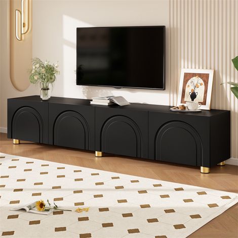 Meuble TV Lowboard 180x35x40cm - Relief Arc 4 Portes Grand Espace de Rangement Moderne Pieds en Métal Salon Séjour - Noir (1/5)