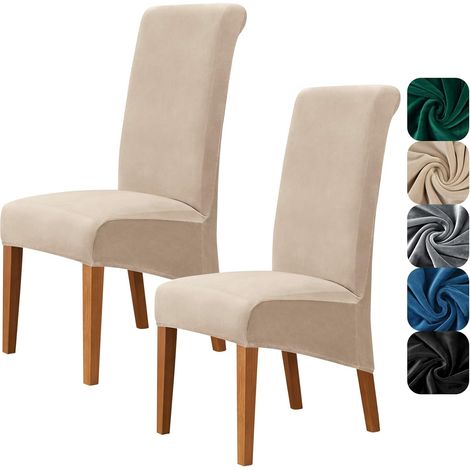 Juego de 2 fundas para sillas de respaldo alto en terciopelo elástico, lavables y extraíbles, tamaño grande para comedor o banquete (color caqui, 2 piezas). (1/5)