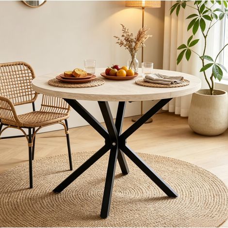 Table ronde 100x100x76,5 cm MDF, métal noir et décor bois, 4-6 pers., salle à manger – MEUBLIV (1/5)