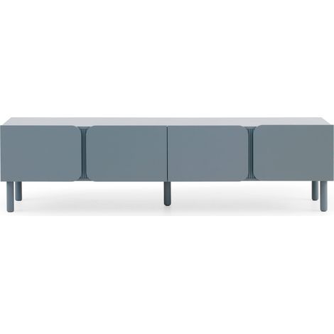 Mueble tv mdf color azul paloma con cantos redondos en las esquinas de la puerta y una tira acanalada con patas de madera maciza (1/4)
