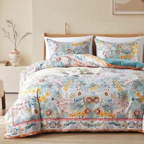 Housse De Couette Queen - Microfibre 135 G M2 - Imprimé Floral Boho - Fermeture Éclair Latérale Invisible - Avec 2 Taies D Oreiller - Lot De 3 Pièces (1/5)