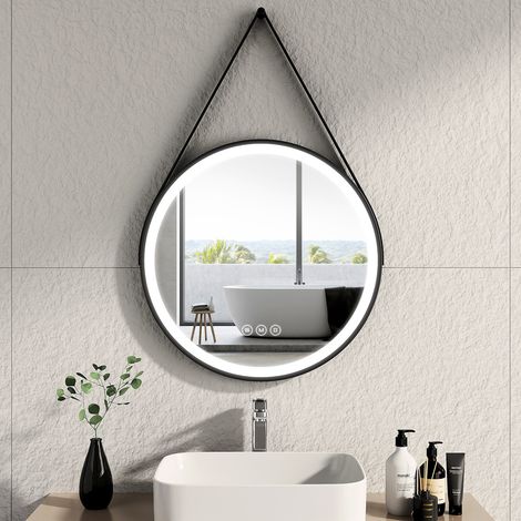 EMKE Miroir lumineux salle de bain rond diamètre 60cm cadre noir avec lanière réglable, Miroir LED avec Interrupteur Tactile, Anti-buée, Miroir avec éclairage Lumière Froide/Chaude/Neutre