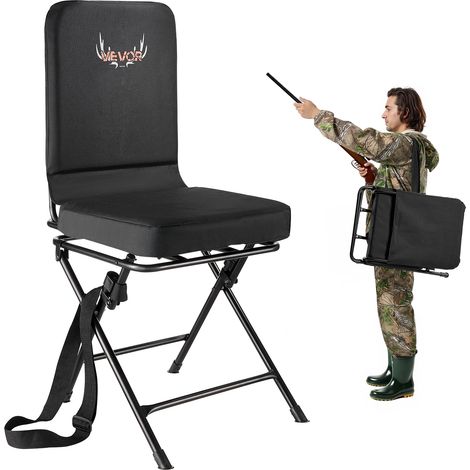 VEVOR Sedia da Campeggio Pieghevole da Pesca con Schienale Tracolla Regolabile, Sedia Capacita di Carico 136 kg, Sgabello da Caccia Rotazione Silenziosa a 360° per Picnic, Esterno, Nero