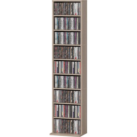 CD-/DVD-Aufbewahrungsschrank mit 9 Fächern und 6 verstellbaren Einlegeböden, bietet Platz für bis zu 260 CDs und 120 DVDs. Maße: 33 x 24 x 140 cm. Naturholz.