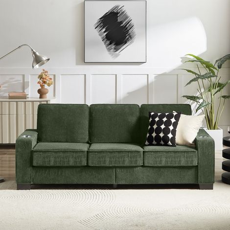 Canapé droit 3 places 206x72x86cm,accoudoirs avec porte-gobelets,revêtement velours côtelé,vert (1/5)
