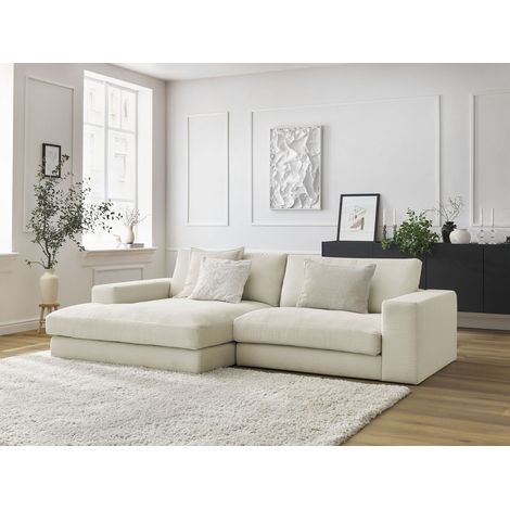 Bobochic – Canapé d'angle fixe 4 places – Velours côtelé beige – Structure en pin et hêtre – Confort moelleux avec coussins en silicone (1/5)