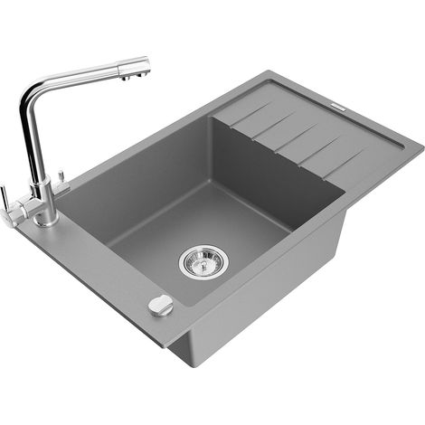 Mexen Elias fregadero de granito de 1 cubeta con escurridor y grifo de cocina Duero, gris - 6511-71-671600-00 (1/5)